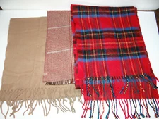 Lot of 3 Winter Scarves 1 Plain 1 Red Blue Plaid 1 Brown Beige Winter Unbranded