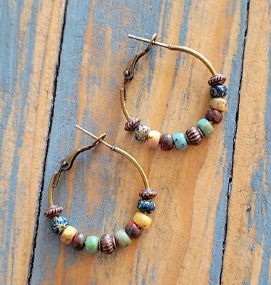 Picasso Turquoise Blue, Red, Navy, Tan Copper Beaded Bronze Hoop Earrings