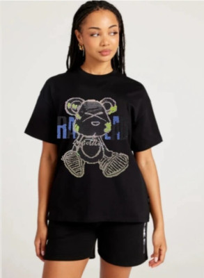 New Women Luxury Diamond Bear Rhinestones Black White T-Shirt High Quality