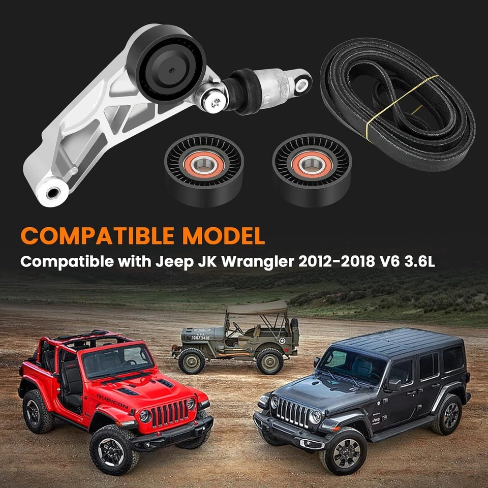 Drive Belt Kit with Tensioner & Idler Pulley For 2012-2018 JEEP WRANGLER JK 3.6L Foto 3 de 4
