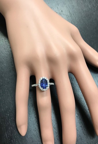  2.90Ct Natural Blue Sapphire & Diamond 14K White Solid Gold Ring - Picture 6 of 8