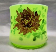 Uranium Custard Glass Vase with Hand Painted flowers 4x4 inches