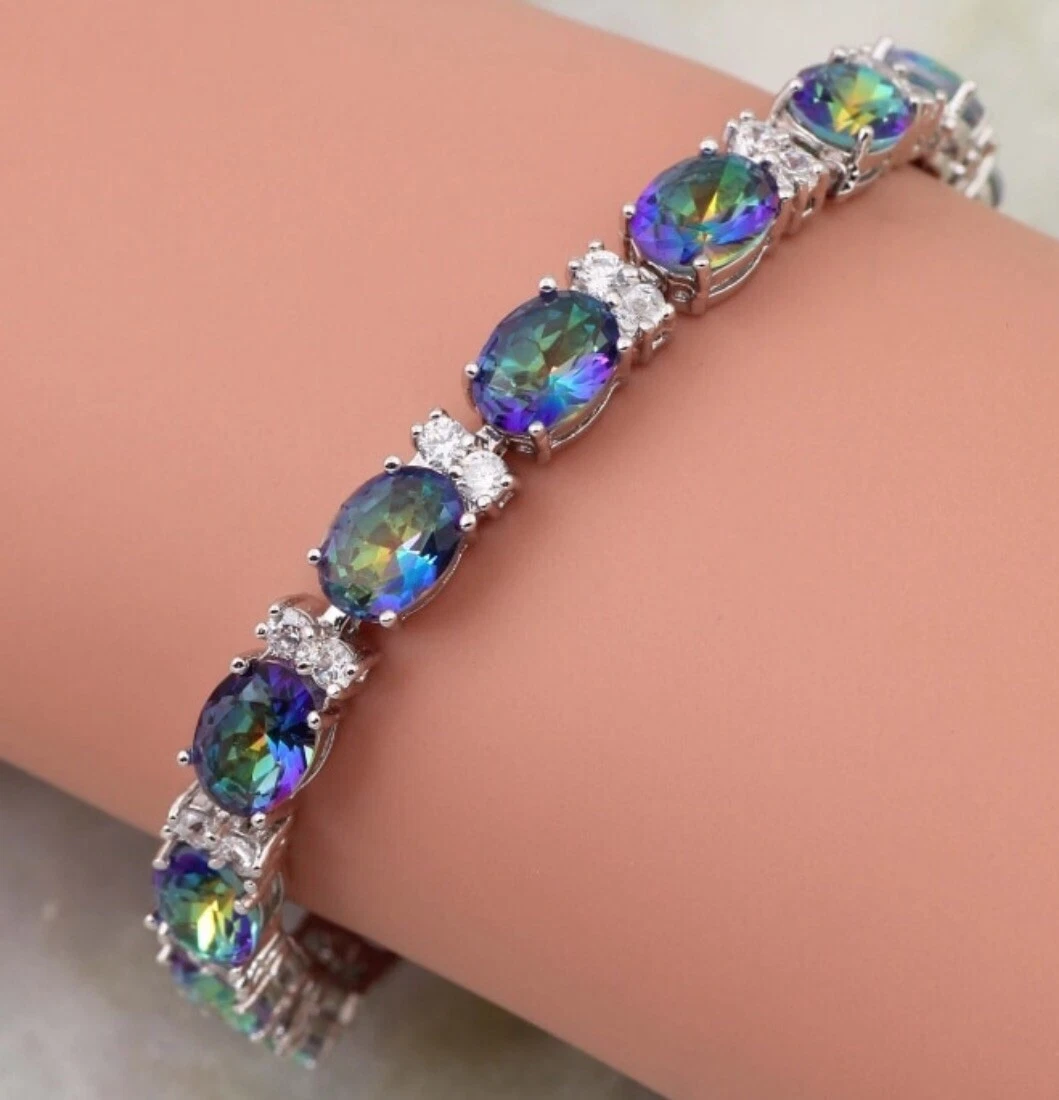 925 Silver Rainbow Mystic Fire Lab-Created Opal Gemstone Topaz Bracelet |  eBay