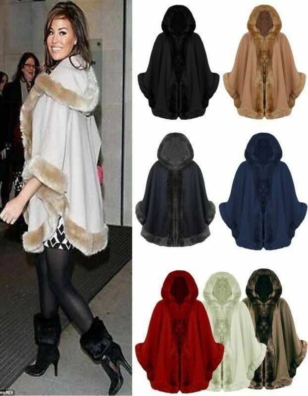 WOMENS CELEBRITY PONCHO LADIES DESIGNER FAUX FUR TRIM HOODED CAPE SHAWL COAT