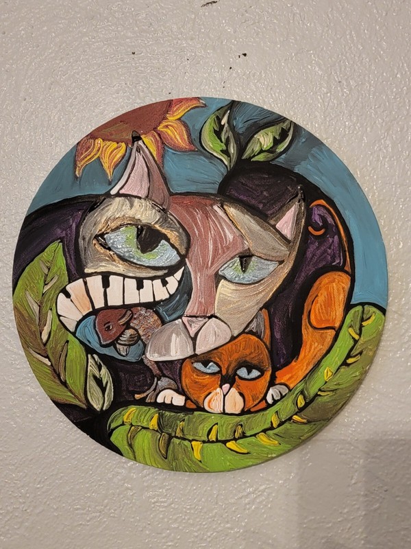 Cat Abstract Painting 16inch Round Canvas Acrylic Painting Very FunSorry 