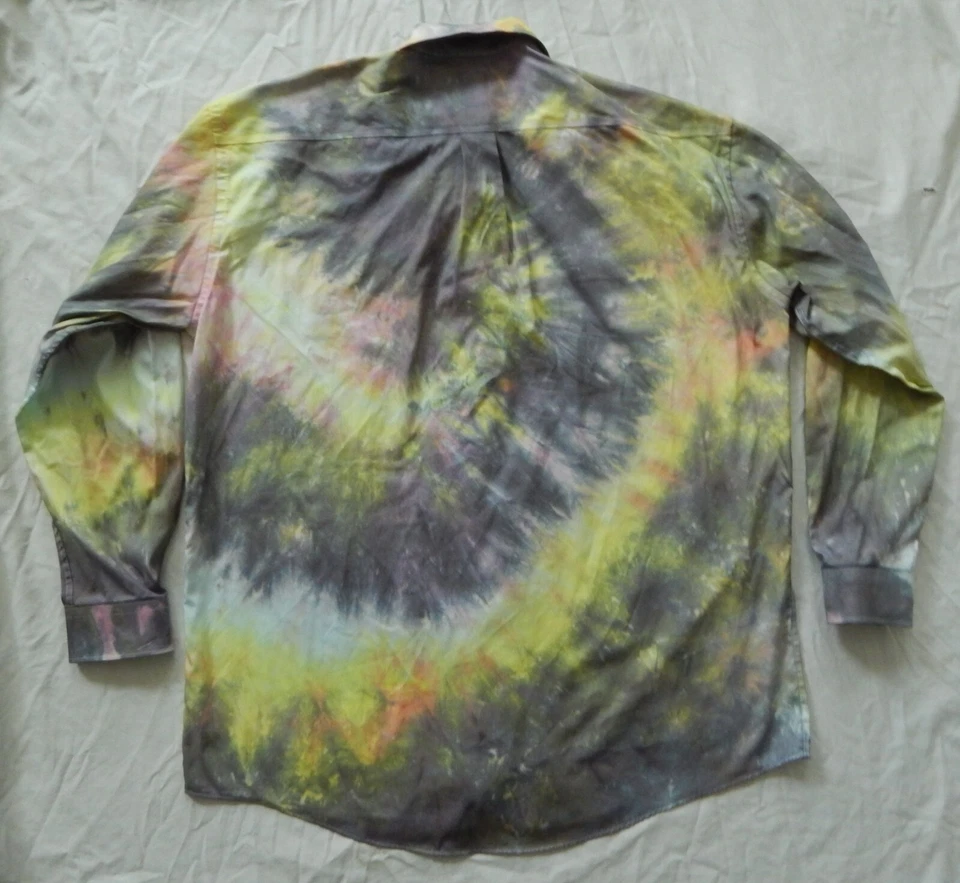Tie Dye Yellow Black Long Sleeve Button Up Shirt - 2XLT Mens Hand Made XXL Tall - Image 2 of 4