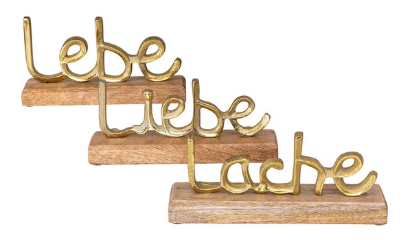 3Er Set Schriftzug Lebe Lache Liebe L22Cm Metall Gold Mango Holz Tisch-Deko-image