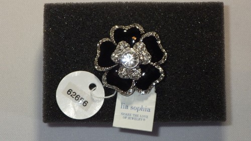 Lia Sophia Dahlie Cocktail Ring Größe 11 Neu mit Etikett schwarze Emaille und Kristall - Box