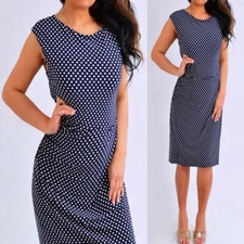 Black White Ivory Polka Dotted Extended Capped Sleeves Sheath Pencil Dress 12 L