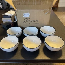 Joyroom 10oz Set Of 6  Porcelain Bowls, White W/ Indigo Band