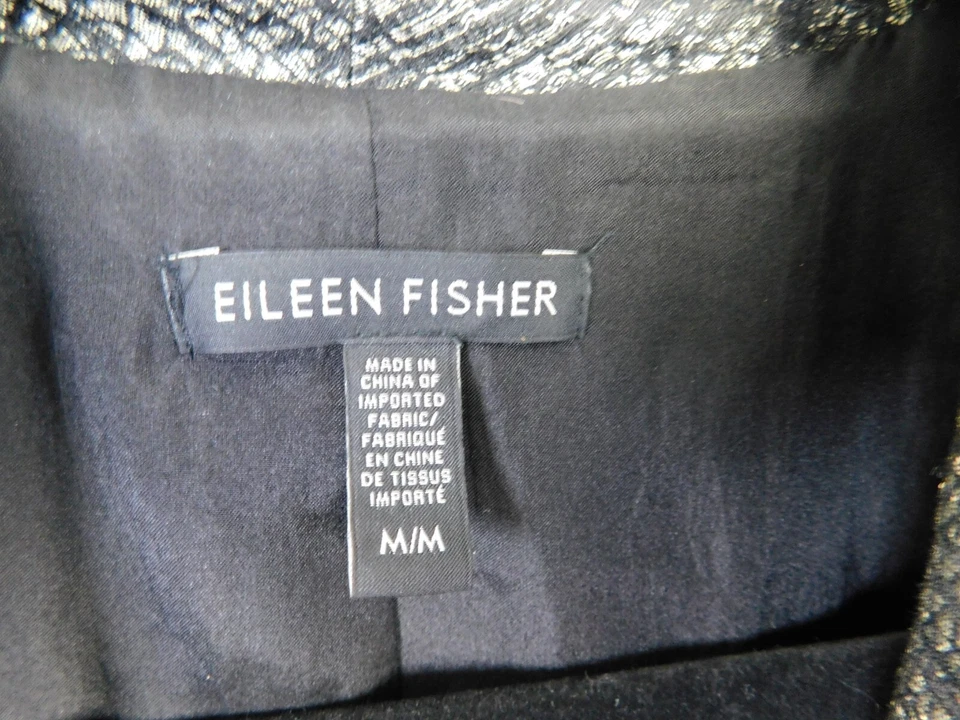 Eileen Fisher Coat Womens Medium Black Gold Silk Metallic Jacquard Illusion - Image 4 of 4