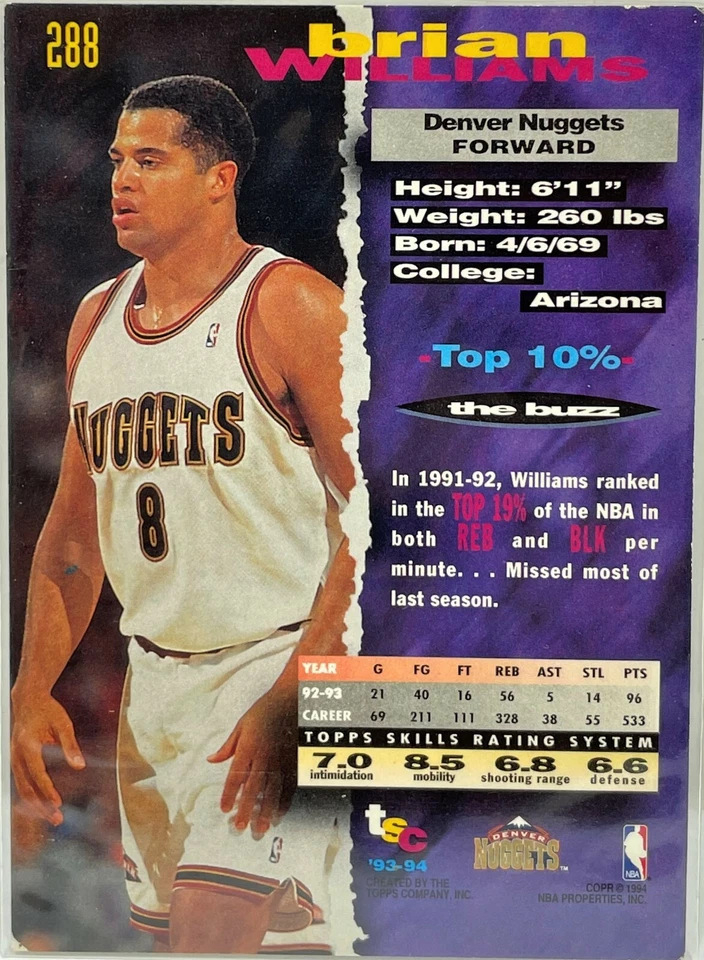 布莱恩·威廉姆斯 1993 - 94 托普斯体育场俱乐部首日发行 #288 丹佛掘金队 — 第 2/3 张图片