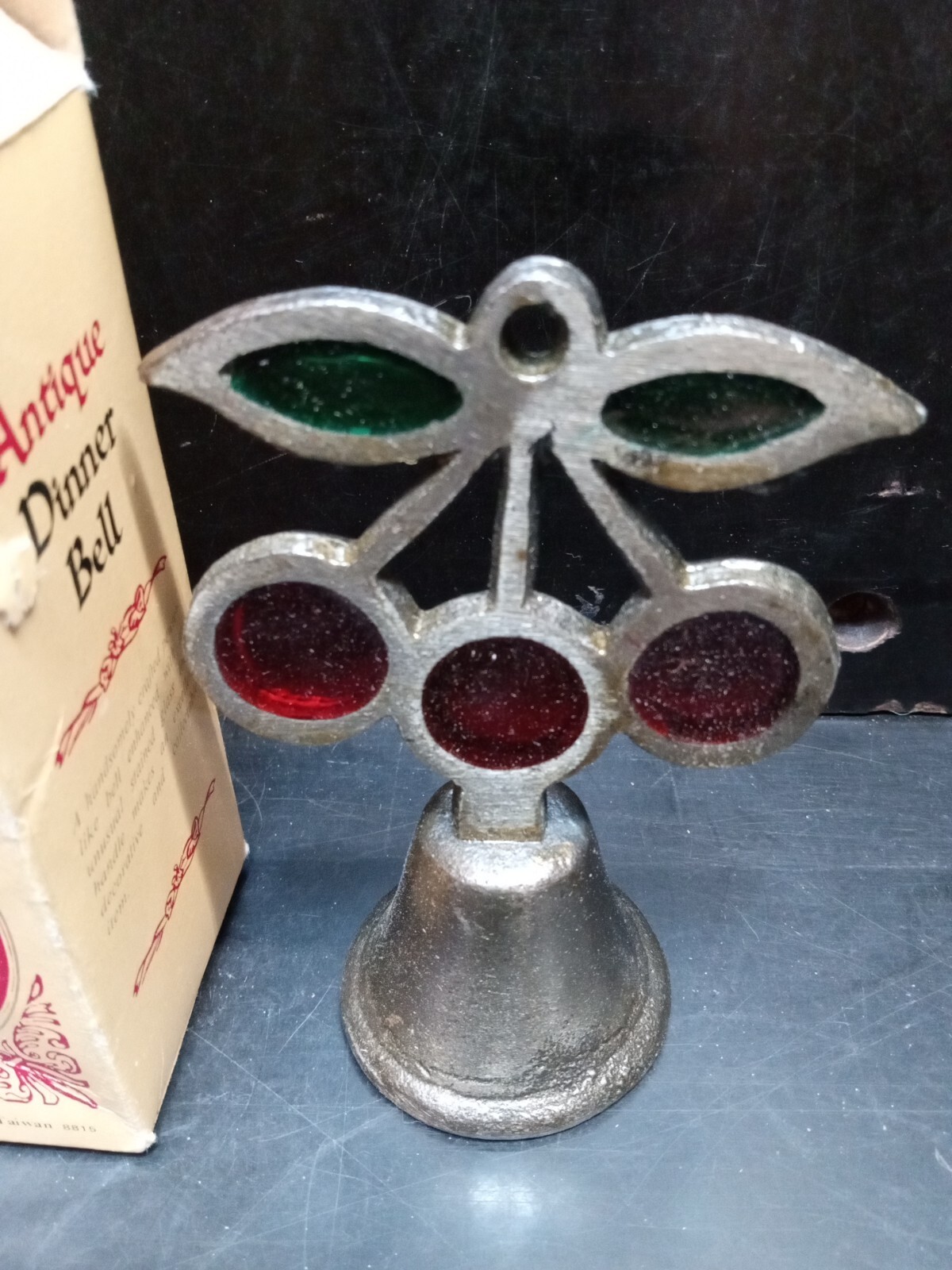 Vintage 1950's Cherries Dinner Bell, Stained Glass Cast Iron Green Leaves