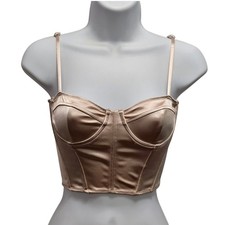 Juniors XS Champagne Satin Bustier Corset Crop Top Back Zip Beige Glam Party