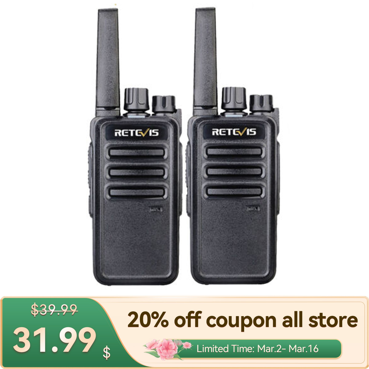 Retevis RT68 Walkie Talkie Long Range 1200mAh VOX Alarm Hand
