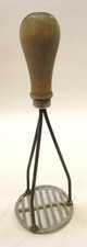 Primitive Antique 1910s Wood Handle Round Steel Potato Masher Kitchen Utensil