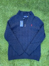 Ralph Lauren Polo Men  s Navy Blue Cable Knit Quarter Zip Sweater   Size Medium