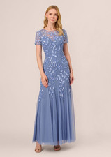 NWT 300 Adrianna Papell Beaded Short Sleeve Floral Godet Gown In French Blue 10