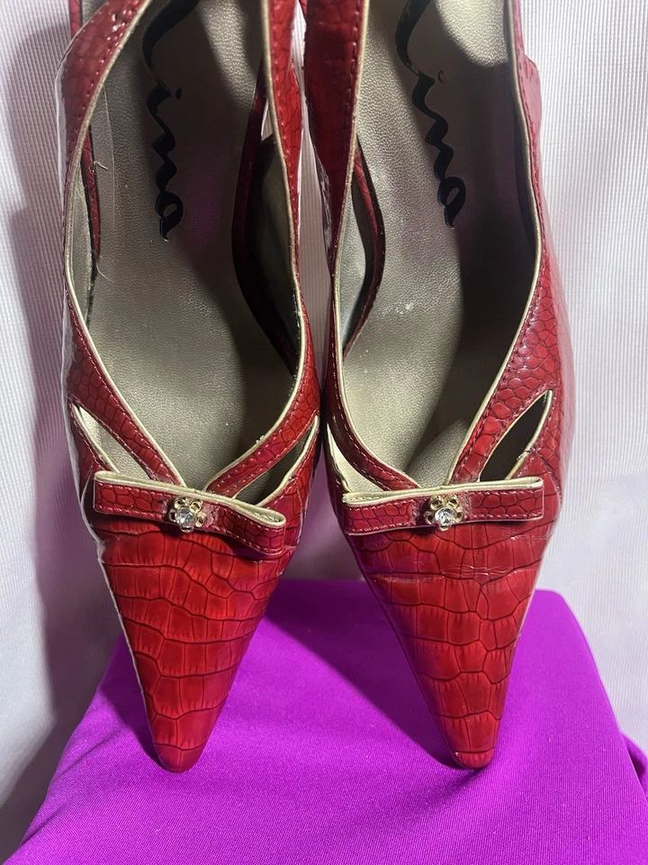 Zapatos de tacón para mujer NINA CHAROL CON LAZO ROJO Y DORADO DE COLECCIÓN talla 8-38 Foto 4 de 4