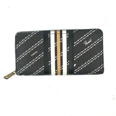 Fossil Logan Akkordeon Geldbörse schwarz Knochen guter umlaufender Reißverschluss Clutch Organizer - Bild 1 von 4
