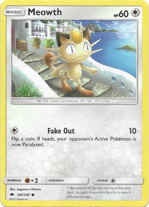 Meowth 101/147 Common Burning Shadows Pokemon Near Mint