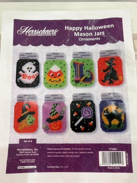 Herrschners Happy Halloween Mason Jars Plastic Canvas Ornament Kit Set of 8