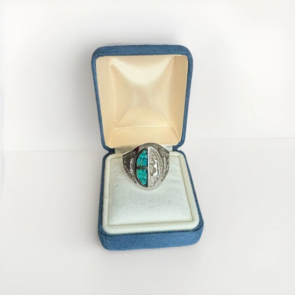 Vintage Silver White Bronze Southwestern Turquoise Inlay Stone Ring Size 10 - Image 2 of 2