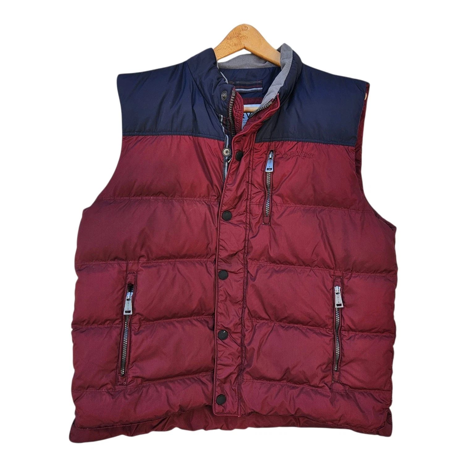 Orvis Duck Down Mens Puffer Vest Maroon Blue Size Large Outdoor Hiking Size L