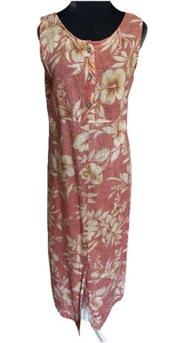 Vintage Jessica Howard Linen Maxi Dress M Petite Tropical Hawaiian Pink Floral