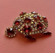 Vintage Rhinestone Turtle Brooch Red AB Prong Reverse Set High End Gold Tone