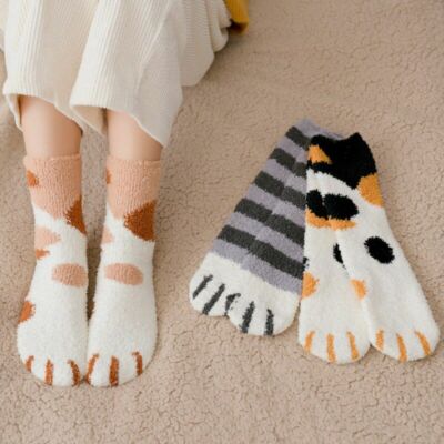 One Size Funny Cute Cartoon Cat Pattern Plush Cotton Sock Comfortable Sleep Wear