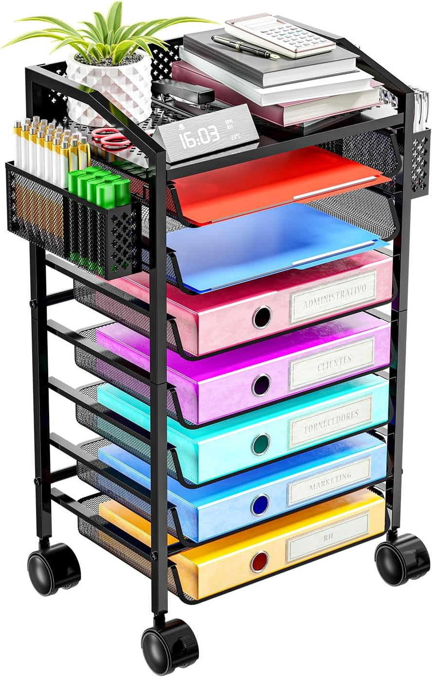 8-Tier Rolling File Cart with Sliding Trays - Compact Metal Desk Organizer-image