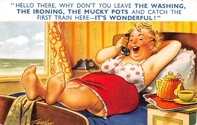 POSTKARTE COMIC SEASIDE HOLS LADY TELEFON VERLASSEN SIE DAS HAUS ARBEIT FANGEN SIE DEN ZUG