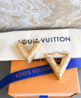 Louis Vuitton Essential V Guilloche Gold-Tone Earrings | eBay