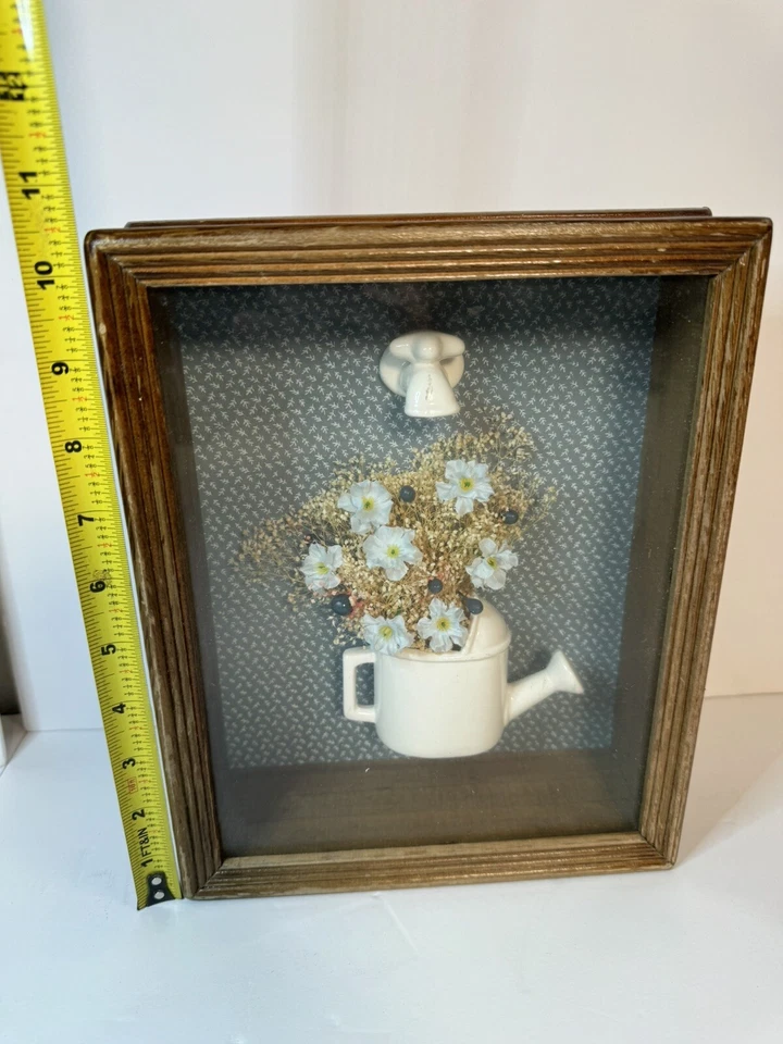 Vintage 3D Floral Watering Can Shadow Box Diorama Wooden Frame Glass Ceramic - Image 2 of 4