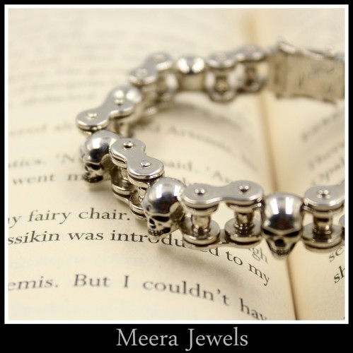 Real 935 Argentium Silver Awesome Bike Chain & Skull Design Mens Tennis Bracelet - 第 6/12 張圖片