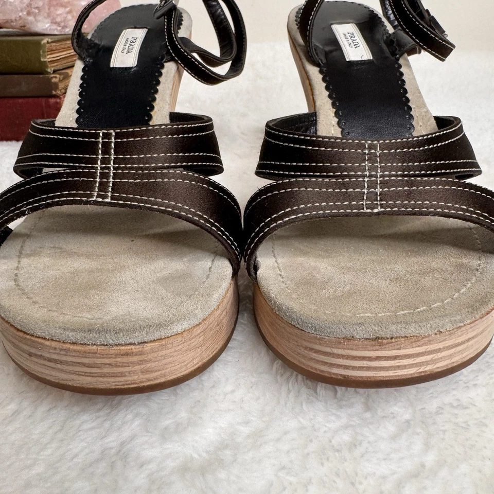 Prada Womens Sandals Mixed Media Metal Heel Wood Sole Contrast Stitch Size 37.5 - Image 3 of 4