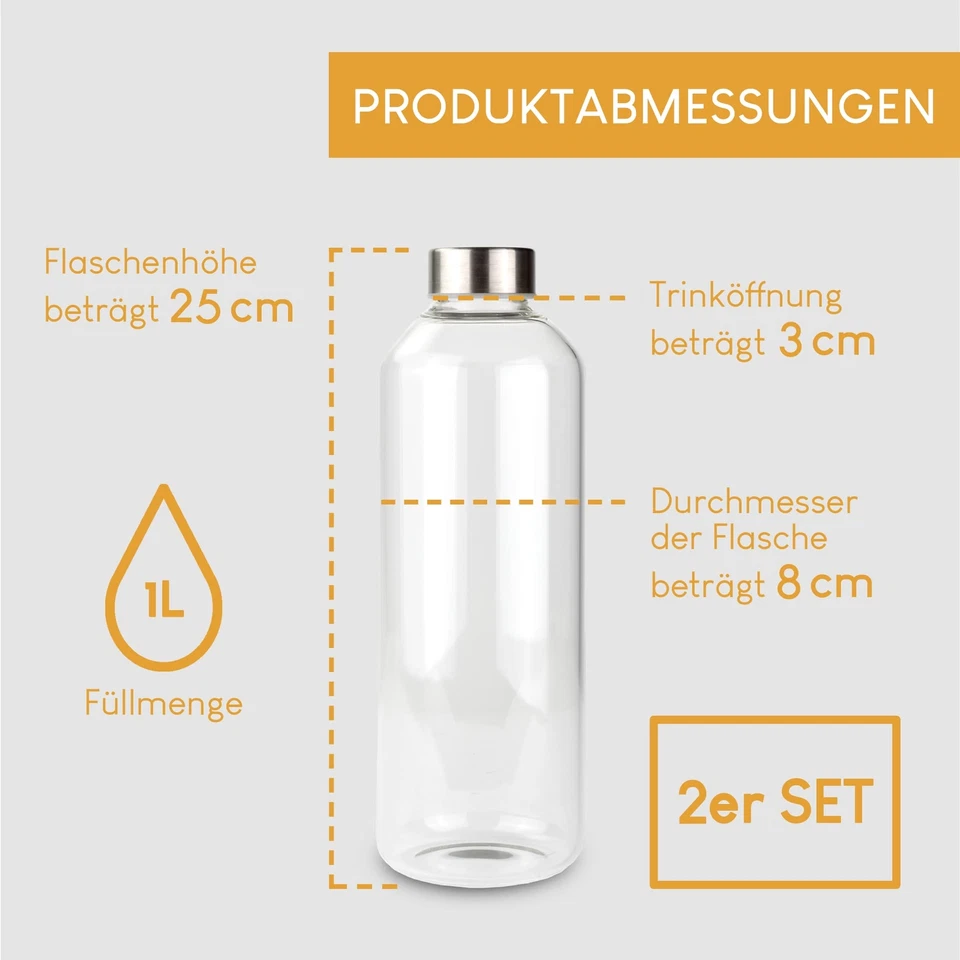 2er SET hochwertige Trinkflaschen aus Glas - Glasflasche aus Borosilikat Glas... - Bild 3 von 4