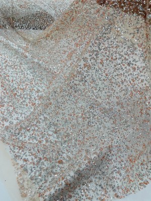 Bead/Sequins Lace Fabric Peach Silver Small Sequins and Beads Embroidery By Yard