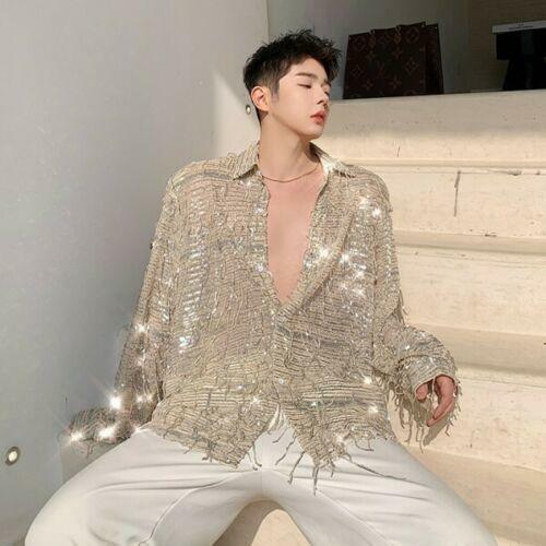 New Men Long Sleeve Shirt Youth Loose tie Party Tassel Glitter Sequins Shirts H