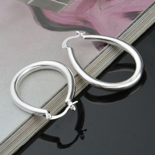 Women Gils Silver Plated Filled Egg Shape Smooth Hoop Earrings Jewellery - Picture 4 of 6