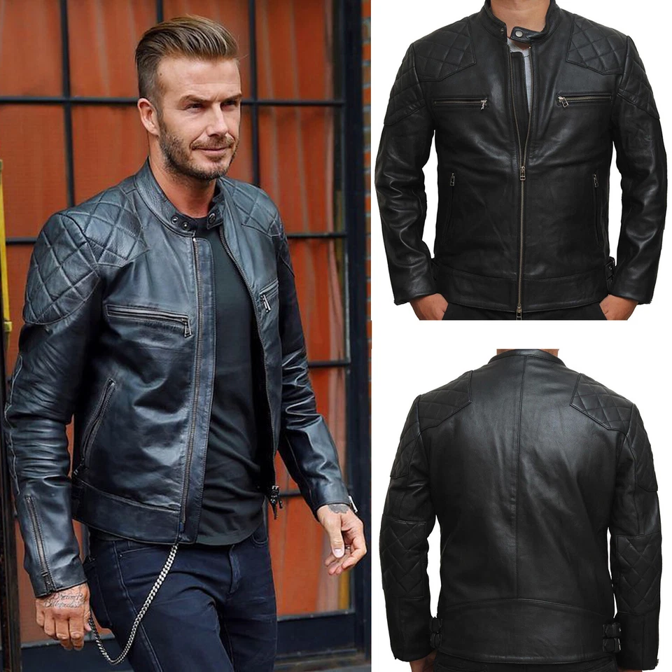 Chaqueta de Cuero Para Hombres BECKHAM Negra Acolchada Retro Estilo Motociclista Chaqueta 100% Cuero Foto 2 de 4