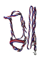 pony bitless bridle with side pull hackamore red white and blue with reins