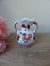 Vase miniature Deruta décor coq et fleurs rouges, vase coq peint main Italie