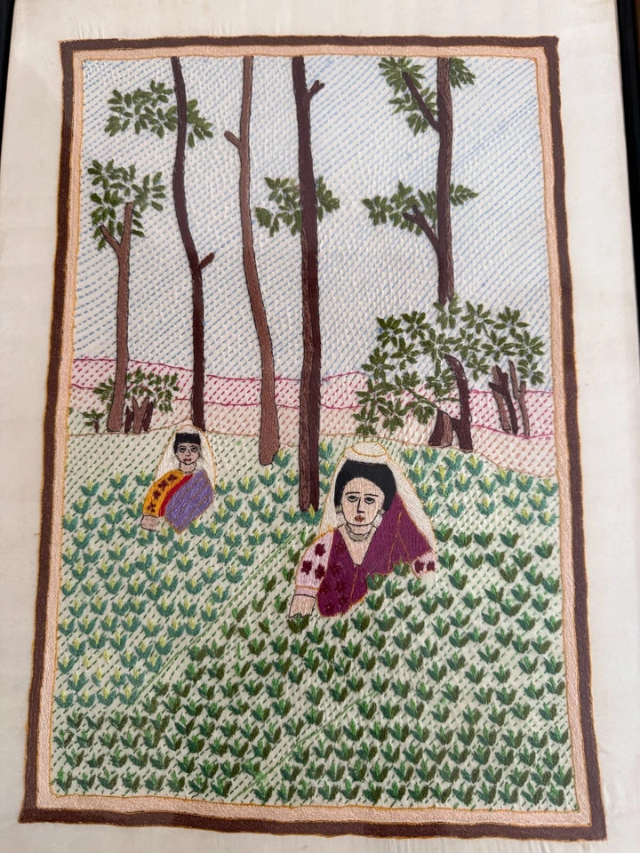 Tapiz de seda bordado muselina 19X14" arte popular bangladesí enmarcado mujeres en el té Foto 3 de 4