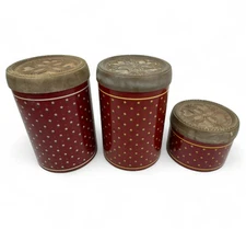 Vtg Cheinco Metal Round Canister Set Red Floral Faux Wood Lids - Lot of 3