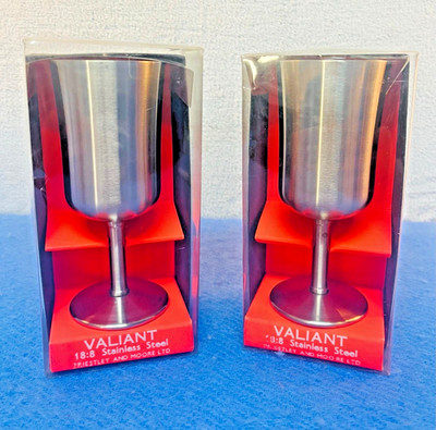 2x Edelstahl Weinkelche Priestley & Moore England 60er Jahre Valiant unbenutzt