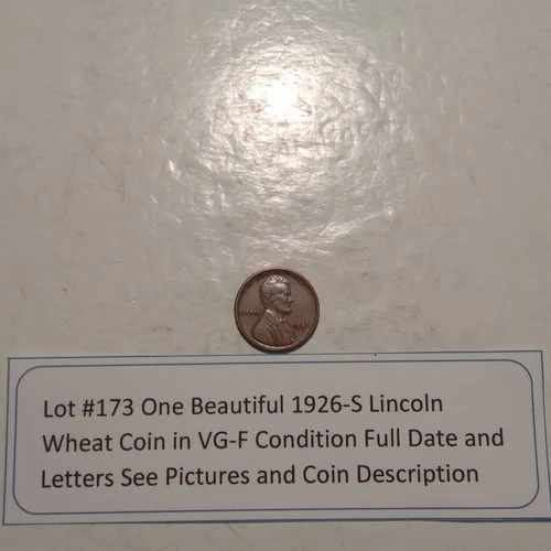 Lot #173 One Beautiful 1926-S Lincoln Wheat VG to F See Pictures & Description