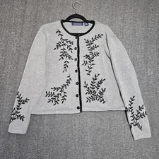 Herman Geist Size L Gray & Black Embroidered Ramie Cardigan Sweater