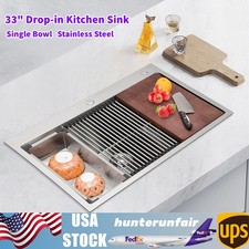 33" Drop-in Single Bowl Kitchen Sink Top Mount 304 Stainless Steel Silver